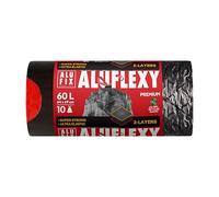 ALUFIX Sacchi della spazzatura Pro con cordino/Extra FLEXY LDPE 2 strati, 60 l, 10 sacchetti della spazzatura, 1 rotolo, 33 μm/acciaio nero, 64 × 69 cm, contro crepe e forature/innovativi, eleganti