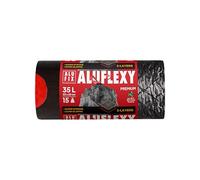 ALUFIX Sacchi della spazzatura Pro con cordino/Extra FLEXY LDPE a 2 strati, 35 l, 15 sacchetti della spazzatura, 1 rotolo, 28 μm/acciaio nero, 53 × 60 cm/contro crepe e forature/innovativi, eleganti