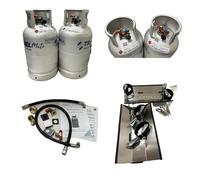 Alugas GPL - Gas da campeggio Travel Mate in confezione doppia, 11 kg + kit di montaggio n. 3 + set adattatore per bombola del gas ricaricabile