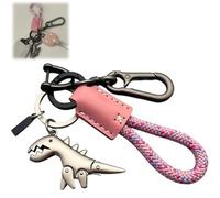 Aluminum Alloy Dinosaur Charm Paired with a Hand-woven Bracelet,Mini Metal Dinosaur Keychain Accessories for Women Men (Pink Silver)