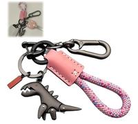 Aluminum Alloy Dinosaur Charm Paired with a Hand-woven Bracelet,Mini Metal Dinosaur Keychain Accessories for Women Men (Pink Black)