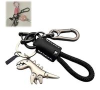 Aluminum Alloy Dinosaur Charm Paired with a Hand-woven Bracelet,Mini Metal Dinosaur Keychain Accessories for Women Men (Black Silver)