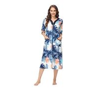 Alunsito Abito da Donna Zip Front House Coat 3/4 Sleeve Nightgown Floral Sleepwear Ladies Full Length Lounge Dress with Pockets, Grigio, XXL