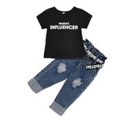 Alunsito Completi di abbigliamento in denim per bambina Completi estivi in 2 pezzi Maglietta a maniche corte Jeans strappati Pantaloni per bambina Set di abbigliamento, Nero, 110, 3-4 anni