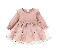 Alunsito Vestito da neonata per bambina con volant in maglia a maniche lunghe in tulle ricamato floreale Abiti da principessa Fiori lunghi rosa 9-12 mesi