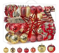 Alupssuc 128 Pezzi Baubles di Natale Set Infrangibile, 2025 Nuovo Baubles Decorative e Fiori, Ornamenti per Albero di Natale, Feste di Nozze con Ganci, Rosso & Oro