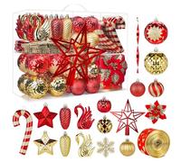 Alupssuc 128 Pezzi Palline di Natale Ornamenti Set, Decorazioni per Albero di Natale Infrangibili Palline, Fiori di Natale, Nastro, Puntale per Albero di Natale Festa di Nozze con Ganci, Rosso & Oro