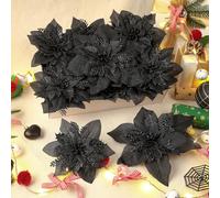 Alupssuc 24 Pezzi Decorazioni di Fiori di Natale Artificiali Poinsettia Natale Glitter Matrimonio Albero di Natale Ornamenti di Capodanno con Clip e Bastone,Nero