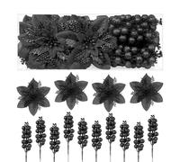 Alupssuc 24 pezzi di bastoncini di Natale glitterati, 12 fiori di Natale artificiali e 12 rami decorativi con bacche per decorazioni per alberi di Natale, ornamenti e ghirlande natalizie, nero