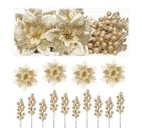 Alupssuc 24 pezzi di bastoncini di Natale glitterati, 12 fiori di Natale artificiali e 12 rami decorativi con bacche per decorazioni per alberi di Natale, ornamenti e ghirlande natalizie, oro