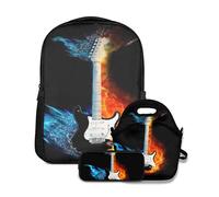 Alvaradod Set di zaino di scuola,Chitarra di fuoco e ghiaccio,con borsa da pranzo e astuccio per la scuola adolescente