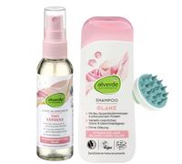 Alverde Set da 2 - Leave-In Spray Express 7 in 1 (75 ml) + shampoo lucido con acqua di rosa e proteine vegetali (200 ml) + spazzola massaggiante bonus per cuoio capelluto
