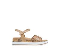 Alviero Martini Prima Classe Sandalo Platform Donna, Cuoio/Oro Beige, Stampa Cartografica Geografica, Cinturino alla Caviglia, Modello 2466 0371