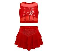 Alvivi 2 Pezzi Vestito Pattinaggio Artistico Bambina in Paillettes Crop Top e Gonna Tuta da Danza Jazz Costume da Ballo Latino Salsa Rumba Samba Danza Moderna Rosso 7-8 Anni