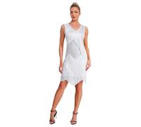 Alvivi Abito da Ballo Latino Donna con Frange Paillettes Vestito Scollo a V da Danza Classica Abito da Pattinaggio Cha Cha Rumba Samba Tango Dancewear Bianco XL