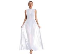 Alvivi Abito da Danza Lirica Donna Maxi Vestito Lungo da Danza Moderna Senza Manica Abito da Ballo Latino Collo Mock Pattinaggio Performance Dancewear Bianco S