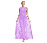 Alvivi Abito da Danza Lirica Donna Maxi Vestito Lungo da Danza Moderna Senza Manica Abito da Ballo Latino Collo Mock Pattinaggio Performance Dancewear Viola Chiaro M