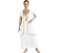 Alvivi Abito Dea Greca Bambina con Paillettes Costume Patchwork Antica Romana Maniche Corte Metallizzate per Carnevale Halloween Cosplay Bianco 13-14 anni