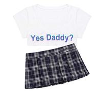 Alvivi Donna 2Pcs Cosplay Costume Uniforme Scolastica Studentessa Set Crop Top Sportivo Stampa Yes Daddy con Mini Gonna Scozzese a Righe da Locale Notturno Discoteca Clubwear Bianco&Nero Taglia Unica