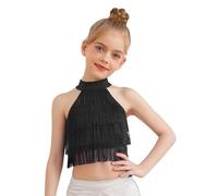 Alvivi Top da Danza Moderna per Bambina Senza Maniche con Nappa Crop Top Corto da Ballo Latino Americano Tango con Frange T-Shirt da Ginnastica Artistica Yoga Nero 7-8 Anni
