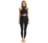 Alvivi Tuta Intera per Pattinaggio Artistico Donna Monospalla con Strass Bodysuit Leotard Ginnastica in Rete Trasparente Jumpsuit Danza Latina Allenamente Nero S