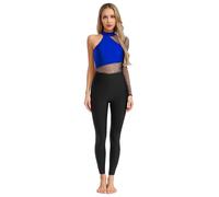 Alvivi Tuta Intera per Pattinaggio Artistico Donna Monospalla con Strass Bodysuit Leotard Ginnastica in Rete Trasparente Jumpsuit Danza Latina Allenamente Blu M