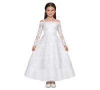 Alvivi Vestito Bambina da Principessa con Spalle Scoperte in Pizzo Abito Lungo da Cerimonia a Manihce Lunghe per Comunione Damigella d'Onore Compleanno Elegante B Bianco 11-12 Anni