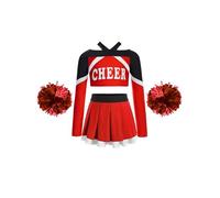 Alvivi Vestito Uniforme da Cheerleadings per Bambina Top Manica Lunga e Gonna a Pieghe con Pompon Costume da Cheer-leader Scuola Studentessa Halloween Carnevale Un rosso 9-10 anni