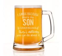 Always Looking Good Boccale da birra in vetro con incisione, idea regalo per figlio, 500 ml, con scritta divertente "I Smile Because You're My Son I Laugh Because There's Nothing You Can Do About It"
