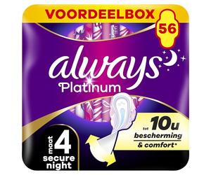 Always Platinum - Asciugamani igienici con alette Secure Notte, misura 4, flusso ad Abbondanti in formato Eco, 56 tasche singole (4 x 14), 5 dimensioni di comfort
