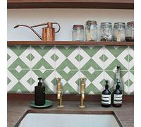 Alwayspon Adesivo da parete in vinile impermeabile, per piastrelle autoadesive per alzatina, per cucina, bagno, soggiorno, stile boho, 15 x 15 x 10 pezzi, verde e bianco