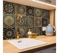 Alwayspon Piastrelle adesive da parete in vinile con motivo mandala, impermeabili, per cucina e bagno, autoadesive, 12 pezzi, 15 cm, colore: nero e oro, T64