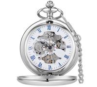 Alwesam Orologio da tasca da uomo, scheletro, meccanico, carica manuale, metà cacciatore, argento, nero, oro, numeri romani, con confezione regalo, Argento-1., tutti i giorni