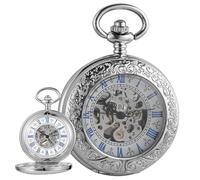 Alwesam Orologio da tasca da uomo, scheletro, meccanico, carica manuale, metà cacciatore, argento, nero, oro, numeri romani, con confezione regalo, Argento, tutti i giorni