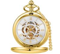 Alwesam Orologio da tasca da uomo, scheletro, meccanico, carica manuale, metà cacciatore, argento, nero, oro, numeri romani, con confezione regalo, Oro, tutti i giorni