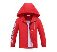 ALXHUTE Giacca antipioggia impermeabile per ragazzi e ragazze, impermeabile giacca a vento leggera per bambini con cappuccio, Rosso, 11-12 Years