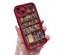 Alyova Bookshelf Phone Case, Alyova Book Phone Case, Anti-Slip Shockproof and Drop-Resistant TPU Protective Cover for iPhone 16 15 14 13 12 11 Pro Max (Red,14)