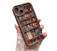 Alyova Bookshelf Phone Case, Alyova Book Phone Case, Anti-Slip Shockproof and Drop-Resistant TPU Protective Cover for iPhone 16 15 14 13 12 11 Pro Max (Brown,15plus)