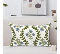 Alysheer Federa decorativa per cuscino con fiori ricamati, 30,5 x 50,8 cm, motivo floreale con foglie verdi, 100% tela di cotone, per divano, camera da letto (fiore blu)