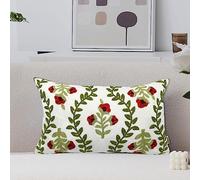 Alysheer - Federa decorativa per cuscino lombare con ricamo floreale, 30,5 x 50,8 cm, casa colonica, fiori rossi, foglie verdi, in tela di cotone, per divano, letto, soggiorno, decorazione