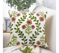 Alysheer Federa decorativa per cuscino ricamata con fiori, 45,7 x 45,7 cm, motivo floreale con foglie verdi, 100% tela di cotone, per divano, camera da letto (fiori rosa)
