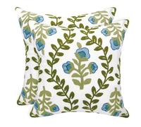 Alysheer Set di 2 federe decorative per cuscino ricamate con fiori, 45,7 x 45,7 cm, motivo floreale con foglie verdi, in tela di cotone, per divano, camera da letto (fiori blu)