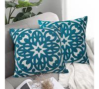 Alysheer Set di 2 federe decorative ricamate, 45,7 x 45,7 cm, motivo boho classico mandala, resistenti, in 100% tela di cotone, per divano, soggiorno, idea regalo (blu foglia di tè)