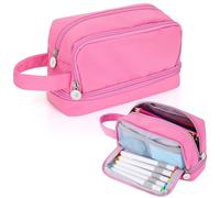 Alyvisun Astuccio Scuola, Astuccio di Grande Capacità con 3 Scomparti per Bambina Ragazzo, Astuccio Portapenne Organizer Resistente Pencil Case con Maniglia per Scuola e Ufficio (Rosa)
