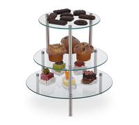 Relaxdays Alzatina per Torte, Set da 3 Vassoi Rotondi di Misure Diverse, Alzata per Dolci e Muffin, Vetro, Trasparente, Acciaio, 33 cm