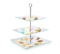 Relaxdays 10032080 Alzata a 3 Piani, Vassoio Quadrato, Alzatina, Centro Tavola, Espositore, Vetro, Acciaio, Argento/Trasparente, Inox