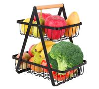 Alzata per frutta e verdura a 2 ripiani, in metallo con manico in legno, per frutta, 2 ripiani, porta frutta rimovibile, porta frutta per casa, cucina, ufficio, nero