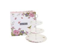 Alzata per Torta a 2 Ripiani, in Porcellana, con Uccelli, Rose e Farfalla, in Confezione Regalo (Beige)