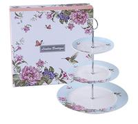 London Boutique Alzata per Torta a 2 Ripiani, in Porcellana, con Uccelli, Rose e Farfalla, in Confezione Regalo (Blu)