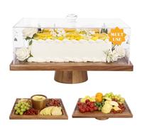 Alzata per torta in legno di acacia con coperchio, rettangolare, 2 in 1 e display da dessert, copertura per torta in acrilico infrangibile (altezza 13 cm), piatto per carcuterie, formaggi, frutta